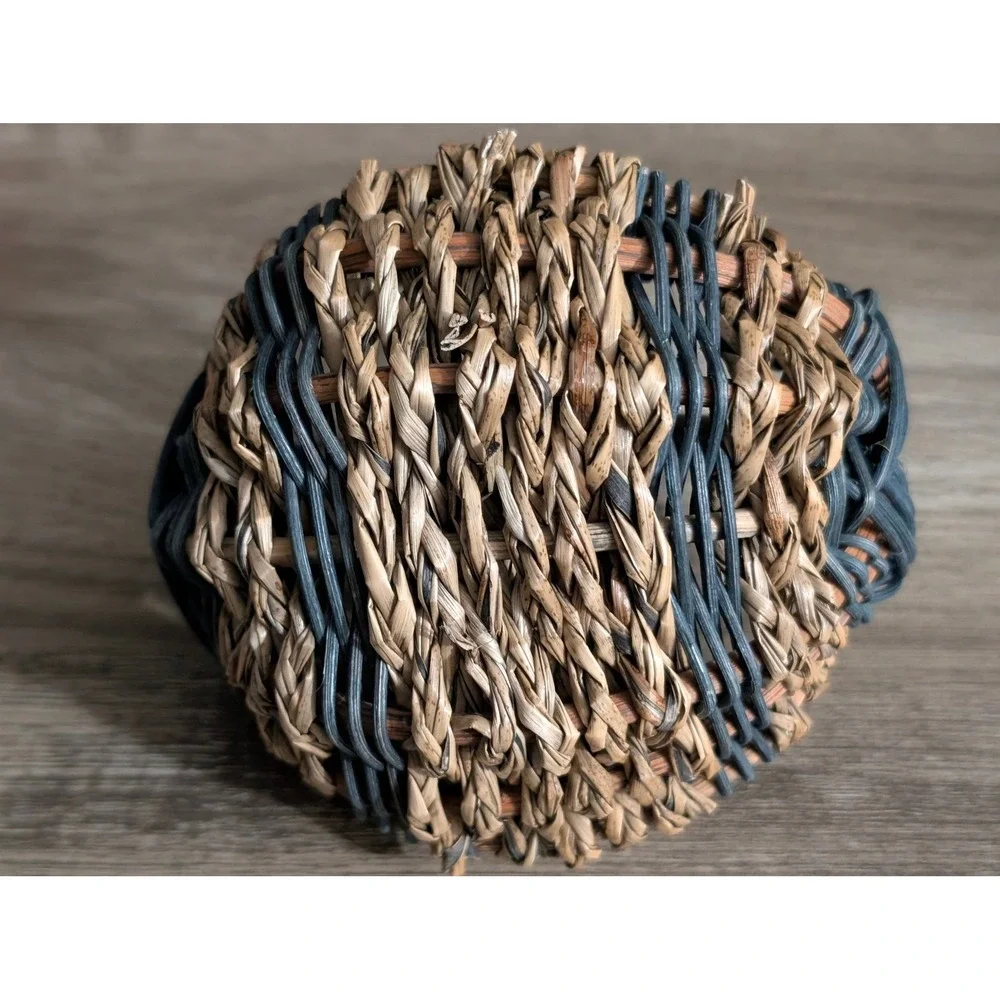 Vintage Miniature Woven Basket Blueish Green & Brown Seagrass Twig Handle Rustic